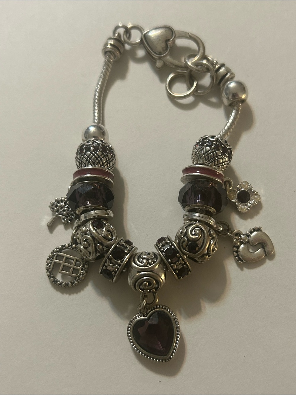 Silver European Snake Chain Charm Bracelet Purple Murano Glass February FEB